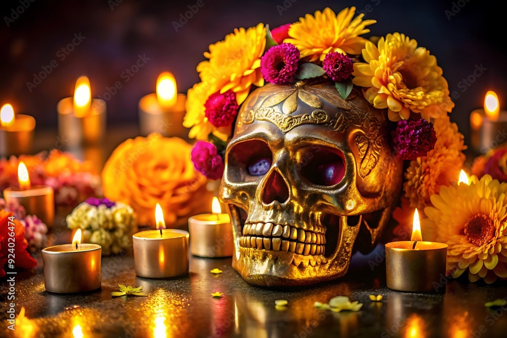 gold skull for dia de los muertos - day of the dead with candles and flowers gold skull for dia de los muertos - day of the dead with candles and flowers