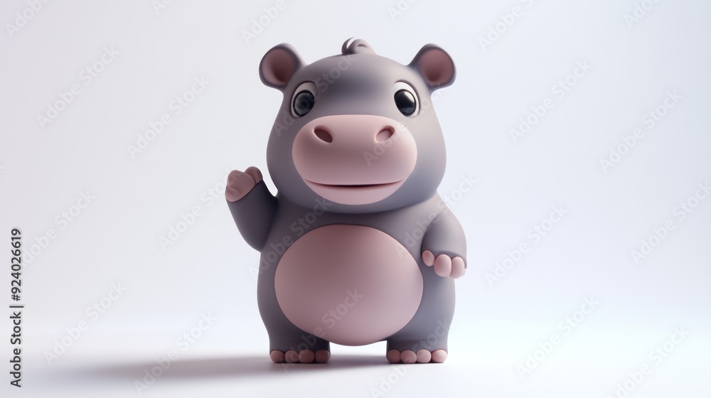 Cute Chubby Toy Hippo Waving Hello: Adorable Figurine on White Background Cute Chubby Toy Hippo Waving Hello: Adorable Figurine on White Background