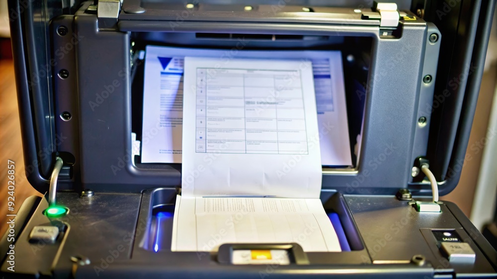 A close-up of a voting machine with a ballot paper being inserted, symbolizing democracy, participation, elections, voting process, and civic duty. A close-up of a voting machine with a ballot paper being inserted, symbolizing democracy, participation, elections, voting process, and civic duty.