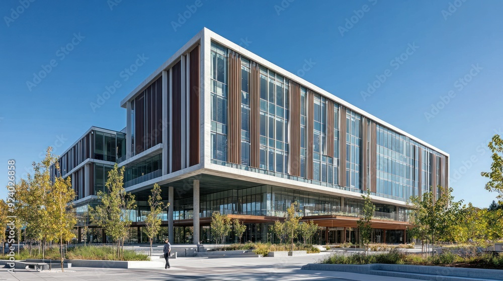 Modern Glass and Concrete Office Building with Landscaping Modern Glass and Concrete Office Building with Landscaping