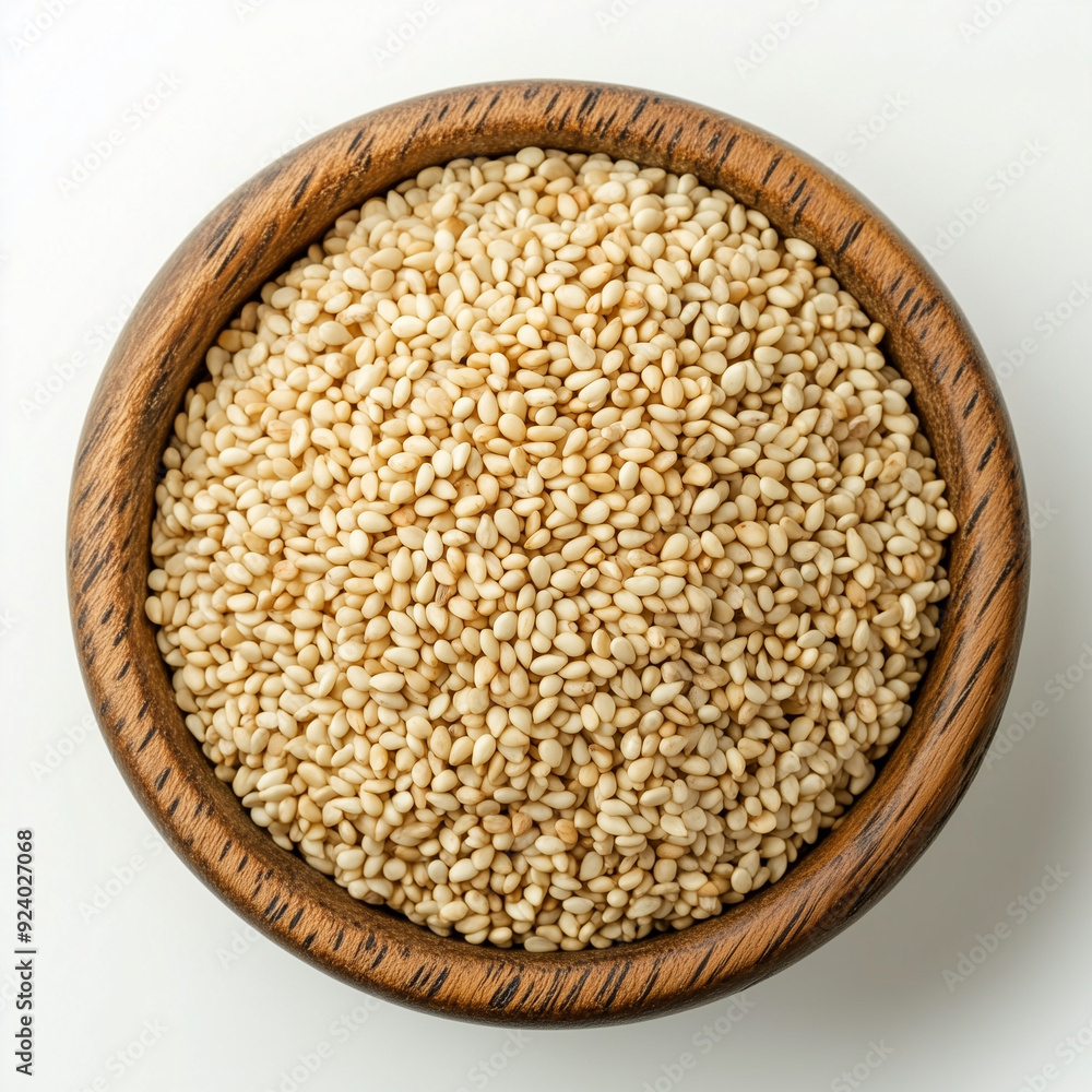 A top view Bio natural sesame seeds on wooden bowl closeup on white background A top view Bio natural sesame seeds on wooden bowl closeup on white background