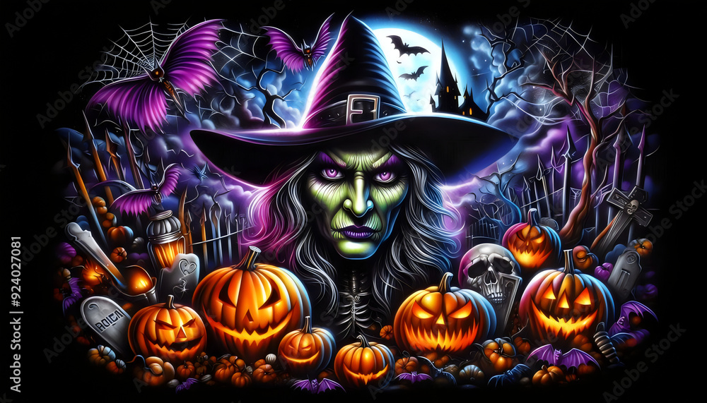 Terrifying Witch Surrounded by Halloween Icons in Vivid Airbrush Art Terrifying Witch Surrounded by Halloween Icons in Vivid Airbrush Art