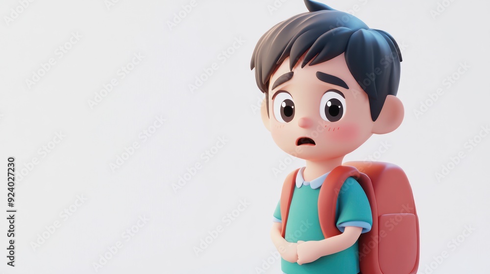 3D Illustration of Cute Boy with Backpack Showing Expression of Worry or Anxiety 3D Illustration of Cute Boy with Backpack Showing Expression of Worry or Anxiety