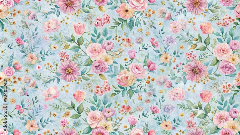 A delicate watercolor pattern featuring pink and yellow flowers, green leaves, and a soft blue background. This pattern evokes feelings of spring, growth, and tranquility.
