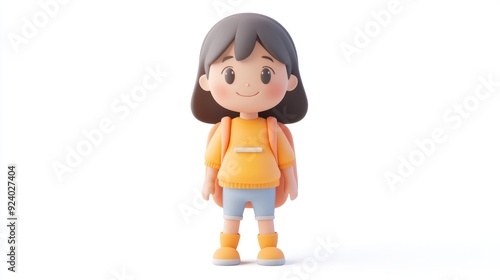 Cute Cartoon Girl with Backpack in Minimalist Style with Yellow Shirt and Grey Shorts