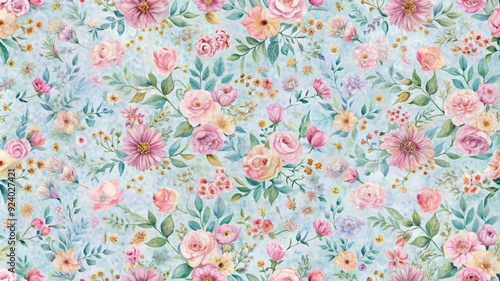 Wallpaper Mural A delicate watercolor pattern featuring pink and yellow flowers, green leaves, and a soft blue background. This pattern evokes feelings of spring, growth, and tranquility. Torontodigital.ca