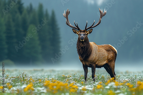 solitary elk standing majestically in a misty mountain photo