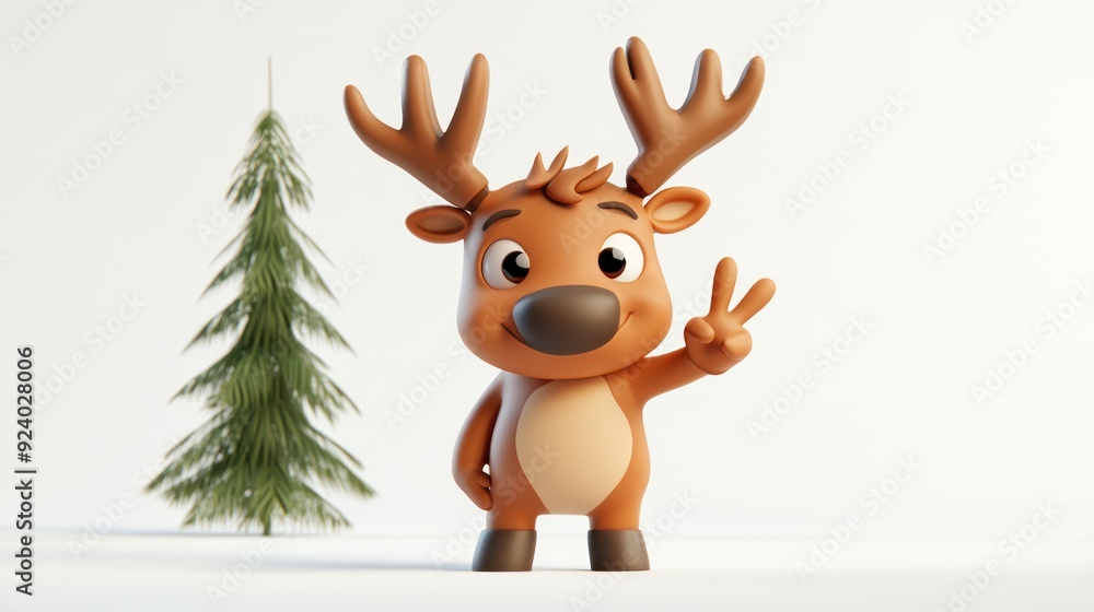 Cute Cartoon Reindeer Giving Peace Sign in Minimalist Winter Scene Cute Cartoon Reindeer Giving Peace Sign in Minimalist Winter Scene