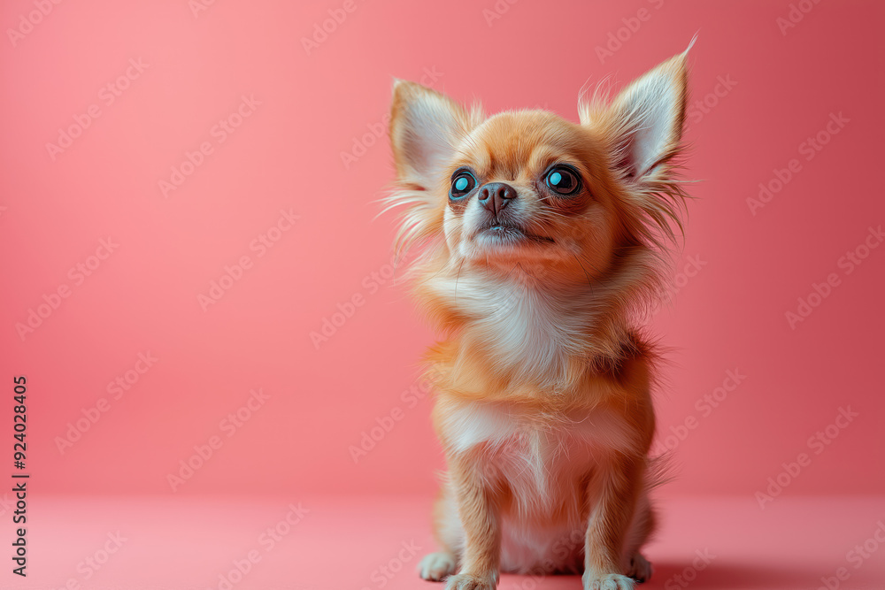Cute long-haired Chihuahua sitting attentively against a pink background, with expressive eyes and perky ears.
Cute long-haired Chihuahua sitting attentively against a pink background, with expressive eyes and perky ears.