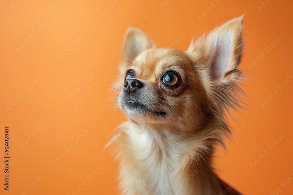 Close-up of a small, long-haired Chihuahua with alert ears and large, expressive eyes, looking upwards against an orange background.
Close-up of a small, long-haired Chihuahua with alert ears and large, expressive eyes, looking upwards against an orange background.