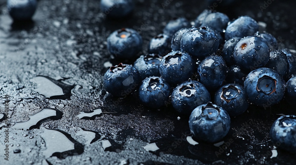 A pile of juicy, ripe blueberries, some scattered across a dark charcoal concrete surface, with a few droplets of water for added freshness A pile of juicy, ripe blueberries, some scattered across a dark charcoal concrete surface, with a few droplets of water for added freshness