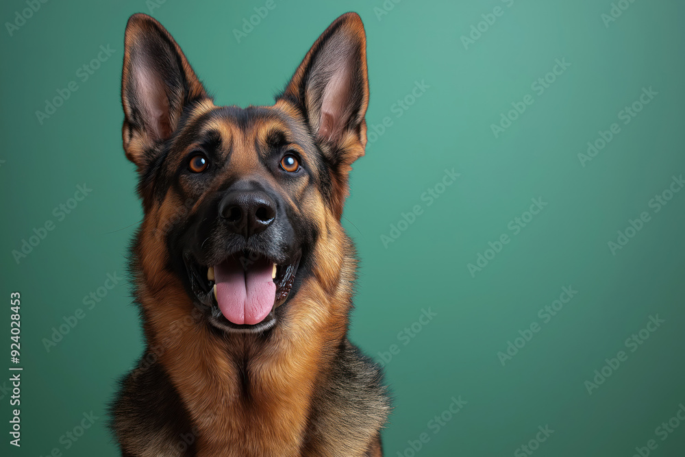 Close-up of a happy German Shepherd dog with ears perked up, tongue out, and brown eyes, against a green background.
Close-up of a happy German Shepherd dog with ears perked up, tongue out, and brown eyes, against a green background.