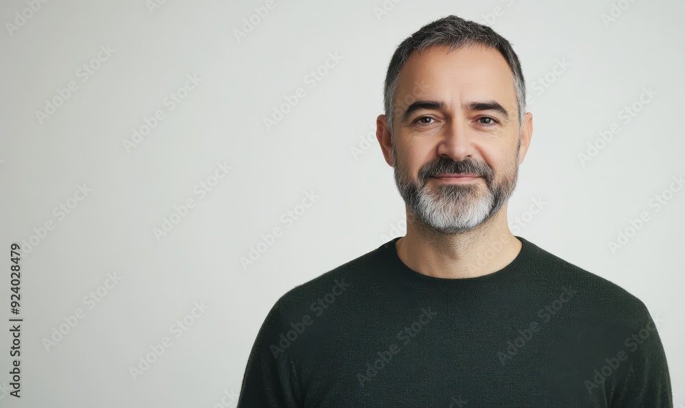 middle aged man with grey hair and short beard wearing dark green sweater middle aged man with grey hair and short beard wearing dark green sweater