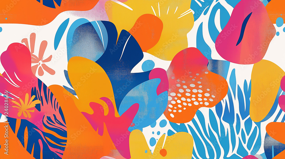 Naklejka premium A colorful abstract pattern featuring various organic shapes and vibrant hues. The seamless tile has a playful, energetic vibe with overlapping elements.