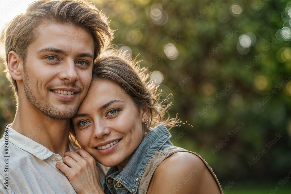 Happy couple against blurred green park background with copy space Happy couple against blurred green park background with copy space