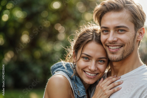 Portrait of happy couple against blurred green park background with copy space