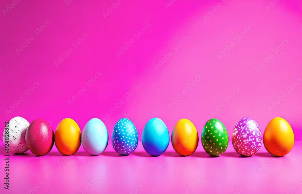 Row of easter painted eggs on pink background. Row of easter painted eggs on pink background.