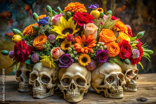 Human skull with beautiful flowers on color background, closeup