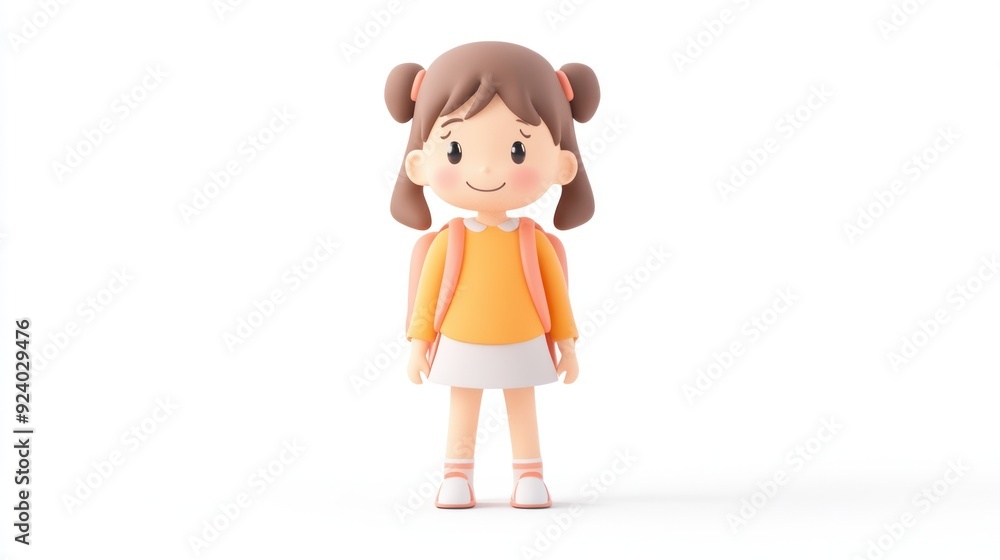 Cute Cartoon Girl with Backpack Standing Isolated on White Background Cute Cartoon Girl with Backpack Standing Isolated on White Background
