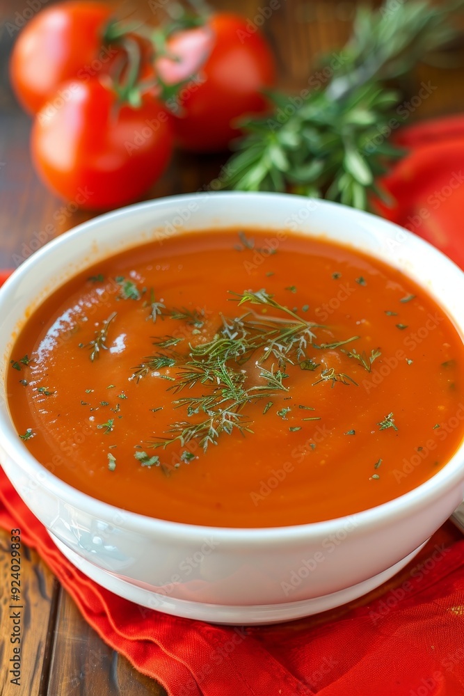 Bowl of Creamy Tomato Soup Garnished with Fresh Herbs, Tomatoes, and Rosemary in the Background Bowl of Creamy Tomato Soup Garnished with Fresh Herbs, Tomatoes, and Rosemary in the Background