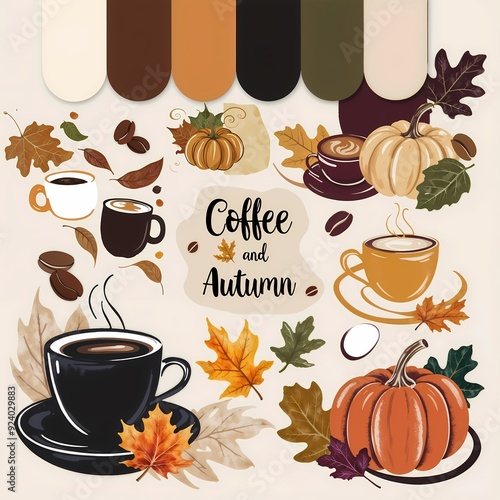 Cozy craft coffee and autumn leaves with warm hues and seasonal elements in a stylish arrangement
