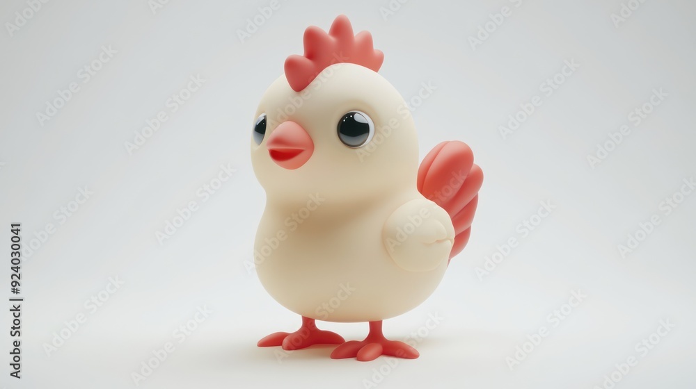 Cute Cartoon Chicken Standing on White Background with Red Crest and Beak Cute Cartoon Chicken Standing on White Background with Red Crest and Beak