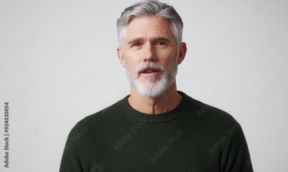 middle aged man with grey hair and short beard wearing dark green sweater middle aged man with grey hair and short beard wearing dark green sweater