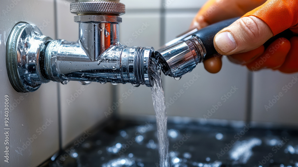 Plumber Repairing Water Leakage from Sink Pipe in Kitchen, Close-up of Hand with Wrench Fixing Plumbing Problem, Home Maintenance and Repair, Water Flowing, Indoor Leak Emergency, Professional Service Plumber Repairing Water Leakage from Sink Pipe in Kitchen, Close-up of Hand with Wrench Fixing Plumbing Problem, Home Maintenance and Repair, Water Flowing, Indoor Leak Emergency, Professional Service