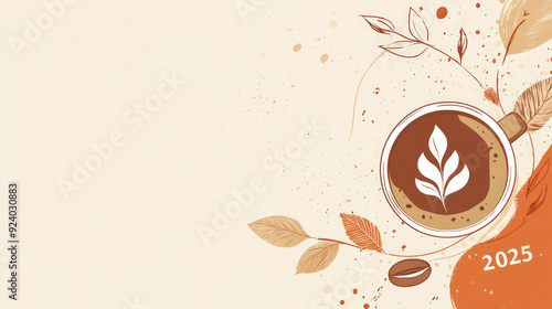 Mimalistic New Year banner suitable for coffee shop with coffee elements in it featuring 2025 with copy space photo