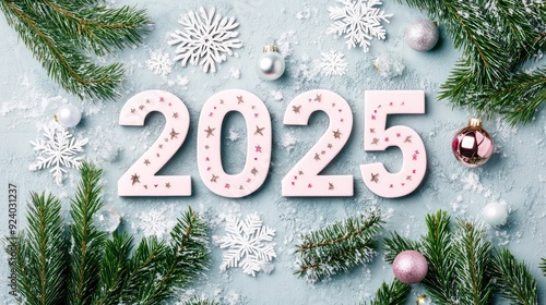 Mimalistic New Year postcard featuring 2025 with copy space simple design subtle touch of New Year decoration photo