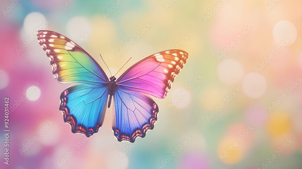 a colorful butterfly with its wings spread open. The wings display a gradient of vibrant colors, including blue, pink, purple, and green. The background is a soft a colorful butterfly with its wings spread open. The wings display a gradient of vibrant colors, including blue, pink, purple, and green. The background is a soft