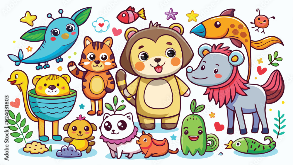 Naklejka premium Kids style drawing doodle animals isolated EPS Vector Images