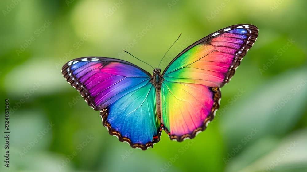 a butterfly with vibrant, multicolored wings. The wings display a gradient of colors, including shades of blue, green, yellow, orange, pink, and purple a butterfly with vibrant, multicolored wings. The wings display a gradient of colors, including shades of blue, green, yellow, orange, pink, and purple