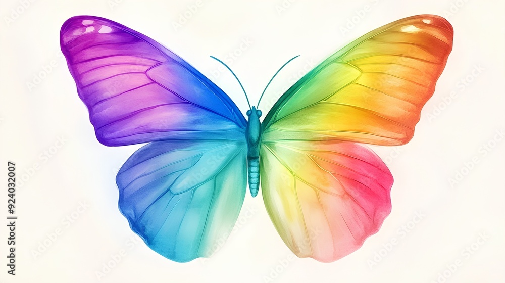Obraz premium a butterfly with vibrant, rainbow-colored wings. The wings transition smoothly through various colors, starting with purple at the top left, moving through blue, green, yellow