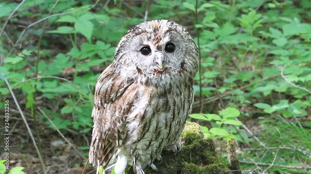Tawny owl on the stump in summer forest (Strix aluco) Tawny owl on the stump in summer forest (Strix aluco)