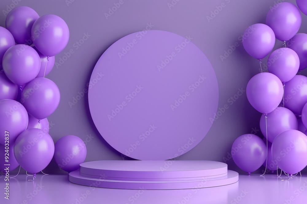 Purple and gray background with balloons and round display podium Purple and gray background with balloons and round display podium