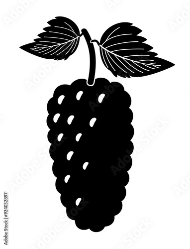 Mulberry. Black vector silhouette of a berry on a branch with leaves isolated on a white background.