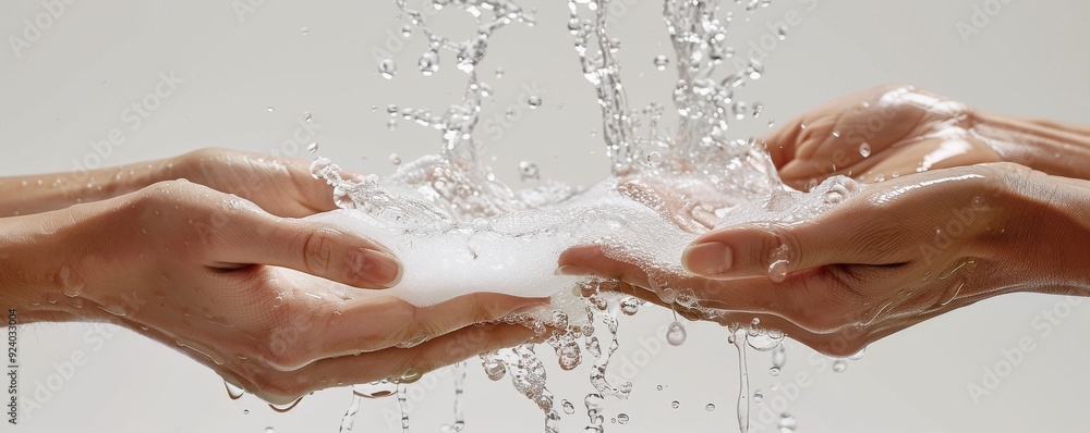Fototapeta premium Close-up of two hands holding soapy water under falling water