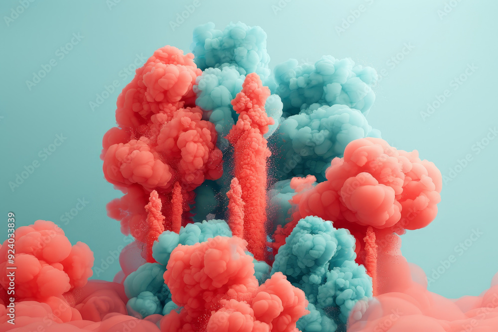 Soft, fluffy red clouds resembling cotton candy drift across a vibrant blue sky, creating a surreal and whimsical scene. The vivid colors evoke a dreamlike atmosphere Soft, fluffy red clouds resembling cotton candy drift across a vibrant blue sky, creating a surreal and whimsical scene. The vivid colors evoke a dreamlike atmosphere