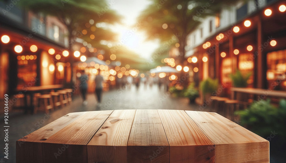 Empty wooden table and blurred background with a bokeh image. For product display. Generative AI. Empty wooden table and blurred background with a bokeh image. For product display. Generative AI.