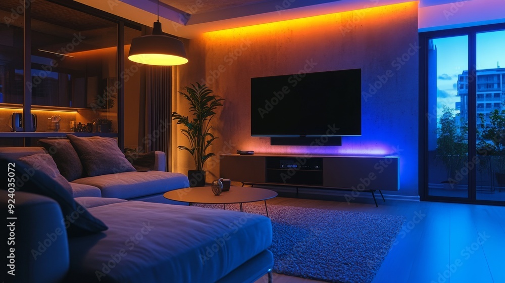Smart Home Entertainment System: A living room with an integrated, voice-controlled entertainment system. Smart Home Entertainment System: A living room with an integrated, voice-controlled entertainment system.