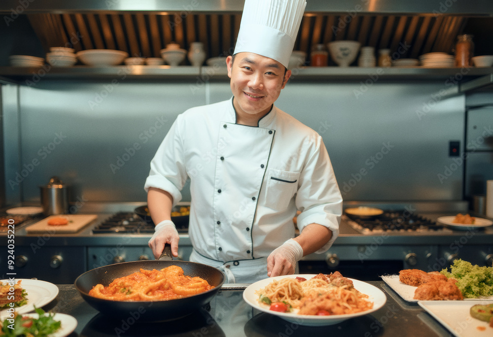 photo of a professional chef cook, cooking appetising meals on a modern commercial kitchen of a restaurant photo of a professional chef cook, cooking appetising meals on a modern commercial kitchen of a restaurant