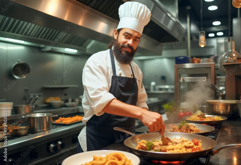 photo of a professional chef cook, cooking appetising meals on a modern commercial kitchen of a restaurant photo of a professional chef cook, cooking appetising meals on a modern commercial kitchen of a restaurant