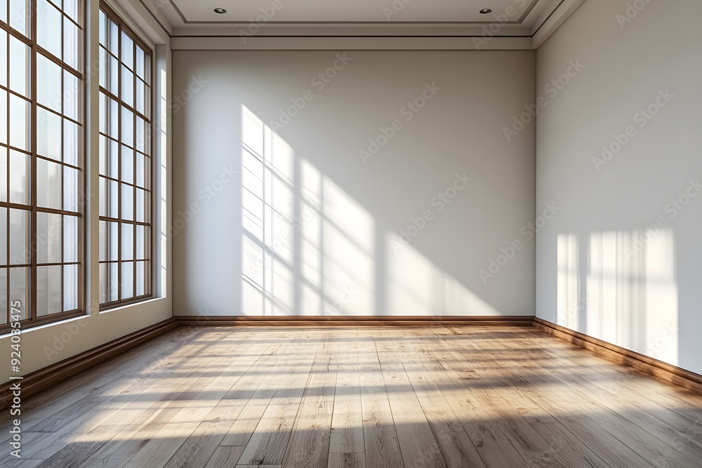 Fototapeta premium Natural light streaming into an empty room with large windows in the afternoon. Generative AI