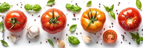 Heirloom Tomato Saucing Ingredients Featuring Garlic, Basil, and Oregano with Clipping Path and Shadow Isolated