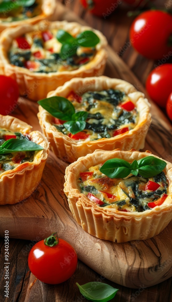 Savory Spinach and Tomato Mini Quiches A Delicious Brunch Treat on a Rustic Wooden Board Savory Spinach and Tomato Mini Quiches A Delicious Brunch Treat on a Rustic Wooden Board