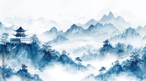 The minimalist design captures the elegance of ancient Chinese architecture against a backdrop of dark blue rocks and a blue mountain with smooth lines on a white background.