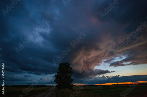 Evening cloud with beautiful structure, silhouette of tree and road, rural fields.