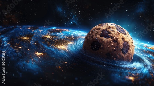 Fototapeta Naklejka Na Ścianę i Meble -  This cookie dough planet covered in chocolate chips and nuts is drifting through deep blue space.