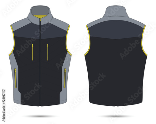 Modern biker vest mockup front and back view. Vector illustration